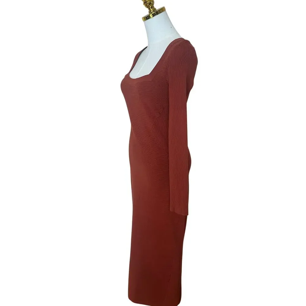 Toccin Rust Brown Midi Ribbed Knit Dress SMALL Career Bodycon Work Designer $325 - Picture 11 of 14